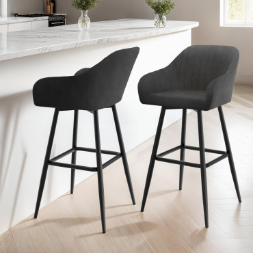 Tabourets de bar Ariana velours gris pieds métal - lot de 2