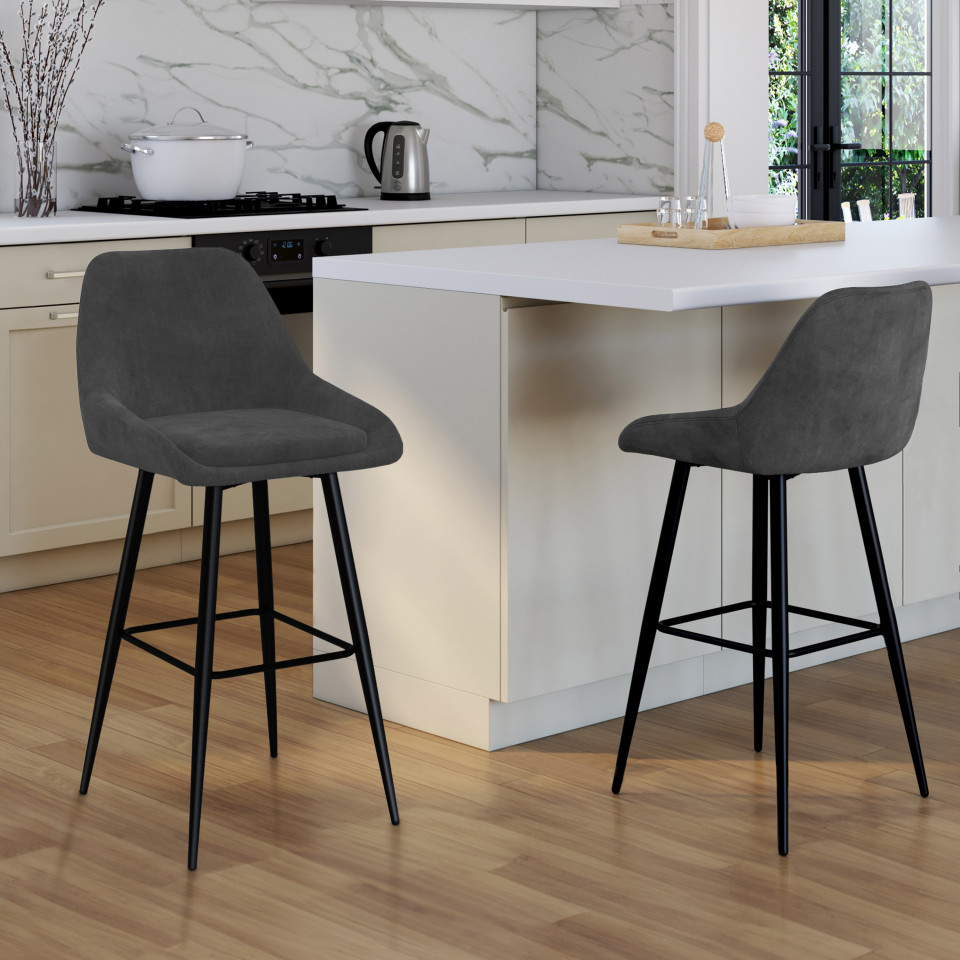 Tabourets de bar Olivia velours gris foncé pieds métal - lot de 2