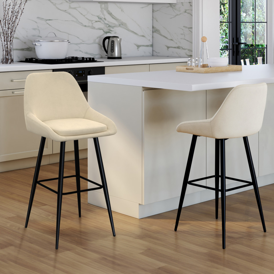 Tabourets de bar Olivia velours crème pieds métal - lot de 2