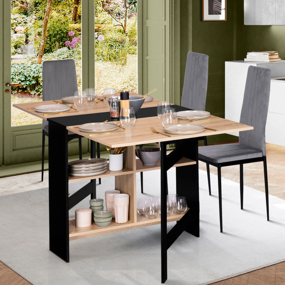 Table à manger dépliable Edi avec rangement bois et noir