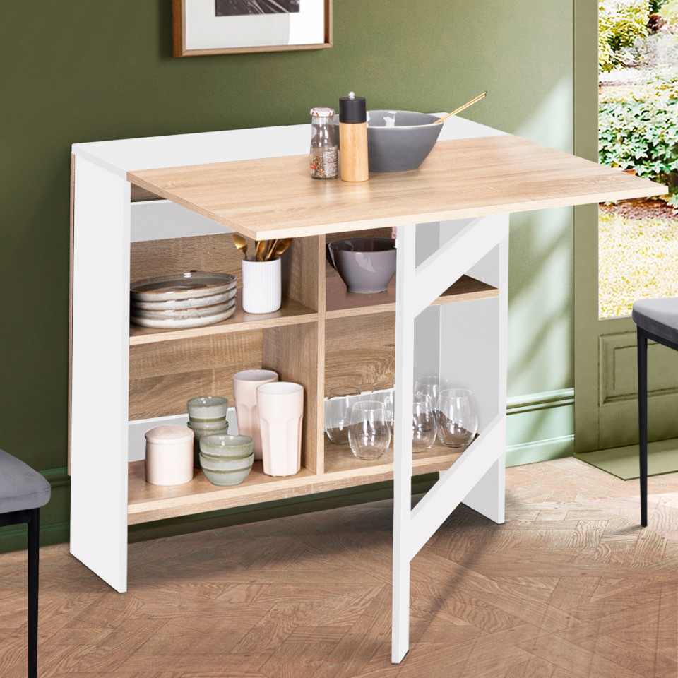 Table à manger dépliable Edi avec rangement bois et blanc
