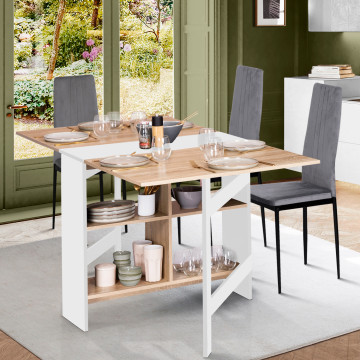 Table à manger dépliable Edi avec rangement bois et blanc