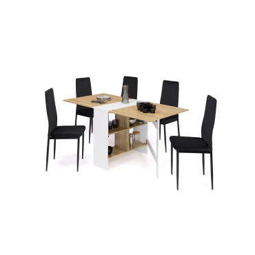 Table à manger dépliable Edi avec rangement bois et blanc