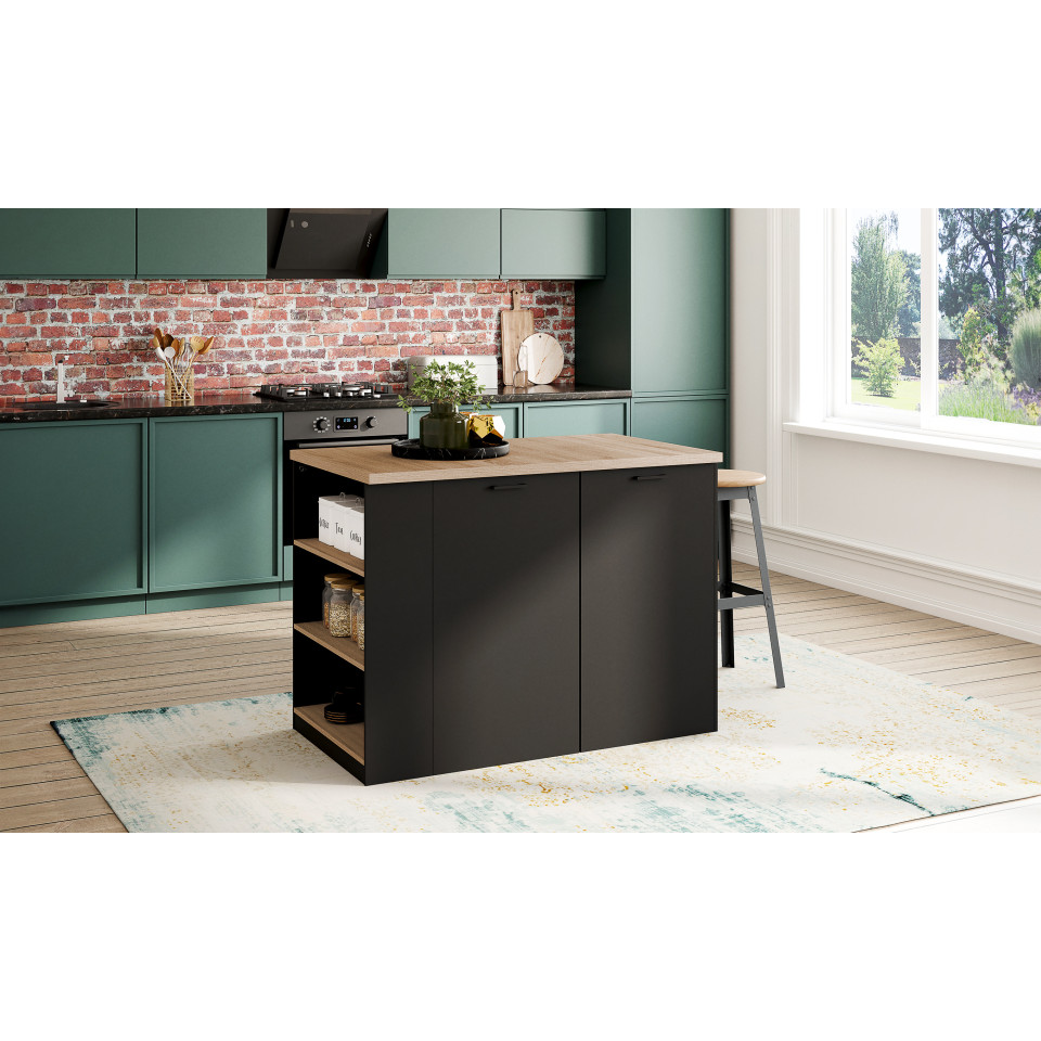Ilot de cuisine Dario bois et noir avec rangements