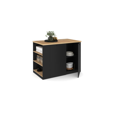 Ilot de cuisine Dario bois et noir avec rangements