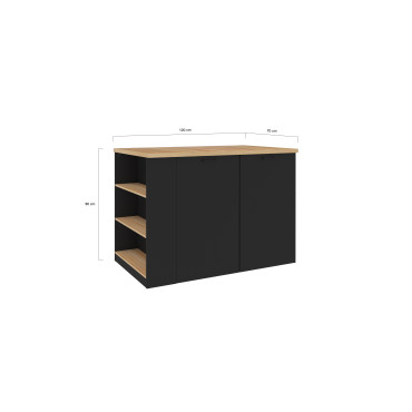 Ilot de cuisine Dario bois et noir avec rangements