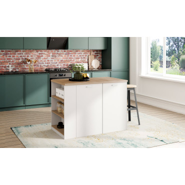 Ilot de cuisine Dario bois et blanc avec rangements