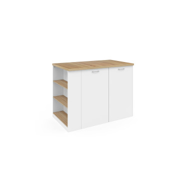 Ilot de cuisine Dario bois et blanc avec rangements