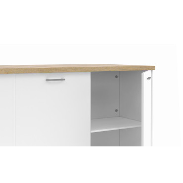 Ilot de cuisine Dario bois et blanc avec rangements