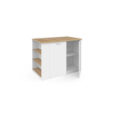 Ilot de cuisine Dario bois et blanc avec rangements