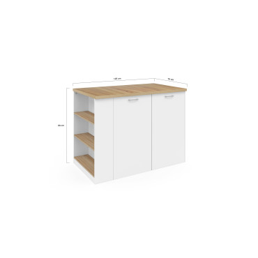 Ilot de cuisine Dario bois et blanc avec rangements