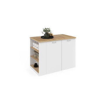 Ilot de cuisine Dario bois et blanc avec rangements