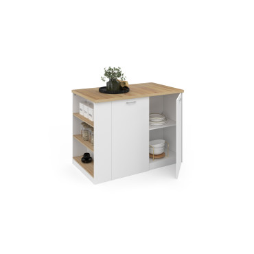 Ilot de cuisine Dario bois et blanc avec rangements