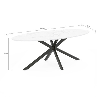 Table à manger ovale Céleste effet marbre blanc et noir 200cm