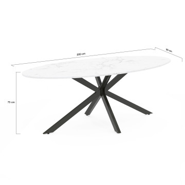 Table à manger ovale Céleste effet marbre blanc et noir 200cm