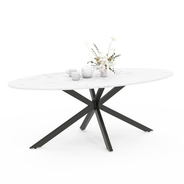 Table à manger ovale Céleste effet marbre blanc et noir 200cm