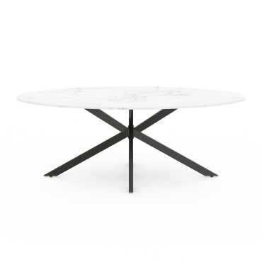 Table à manger ovale Céleste effet marbre blanc et noir 200cm
