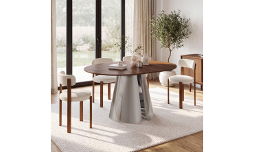 Table à manger ronde extensible Vida effet noyer et chrome Ø110-150cm