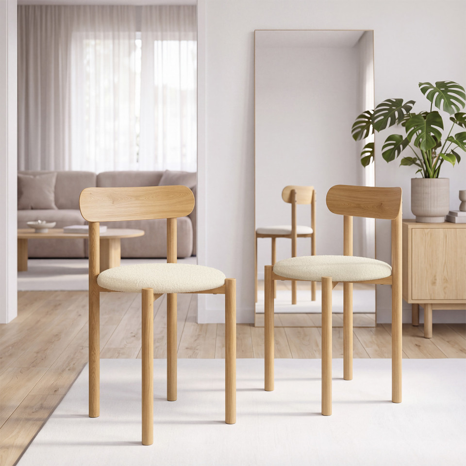 Chaises Kathy bouclette crème pieds effet bois - lot de 6