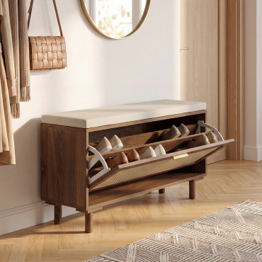 Banc d'entrée Norma range chaussures effet noyer cannage