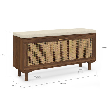 Banc d'entrée Norma range chaussures effet noyer cannage