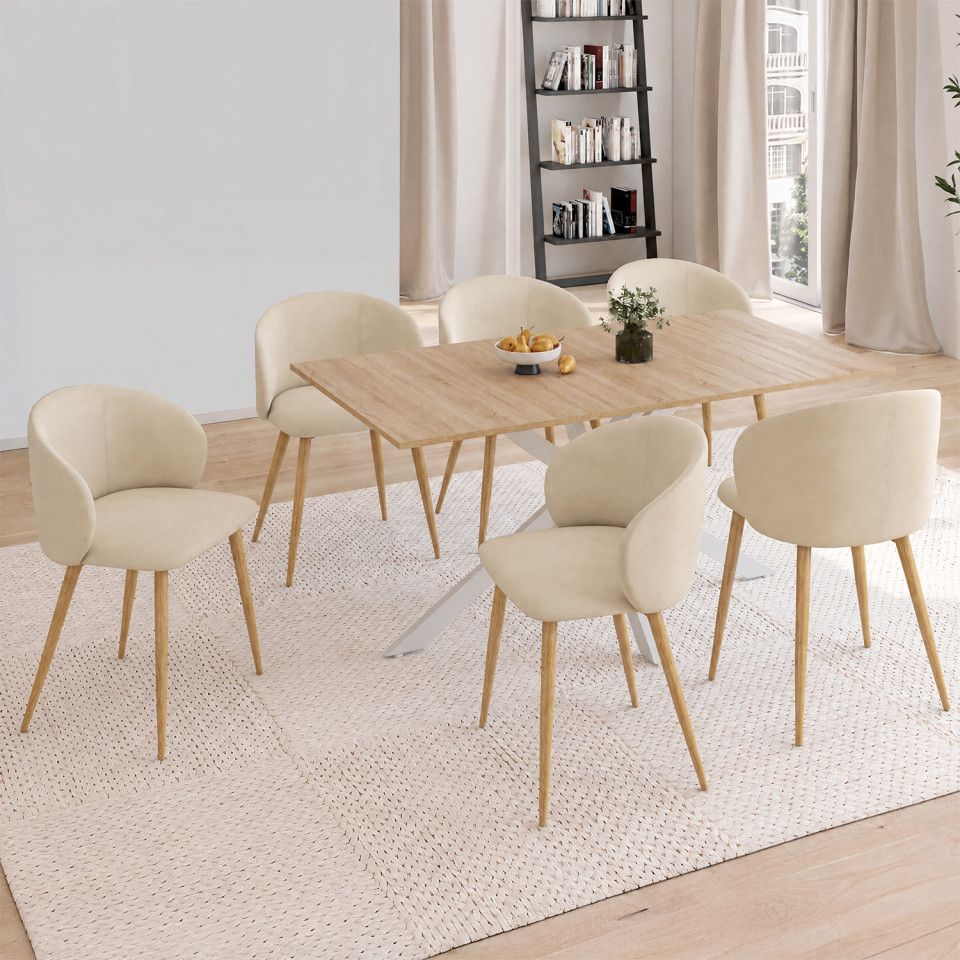 Chaises Léona velours crème pieds effet bois - lot de 6