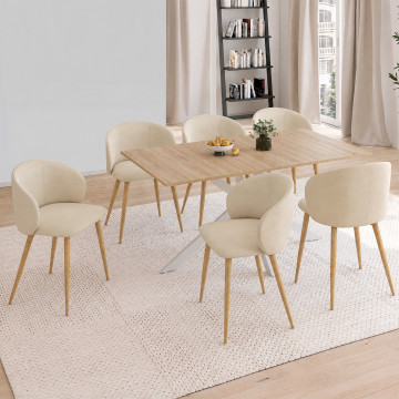 Chaises Léona velours crème pieds effet bois - lot de 6