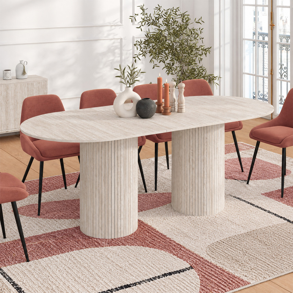 Table à manger extensible Albane 2 pieds pylône effet travertin 160-200cm