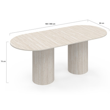 Table à manger extensible Albane 2 pieds pylône effet travertin 160-200cm