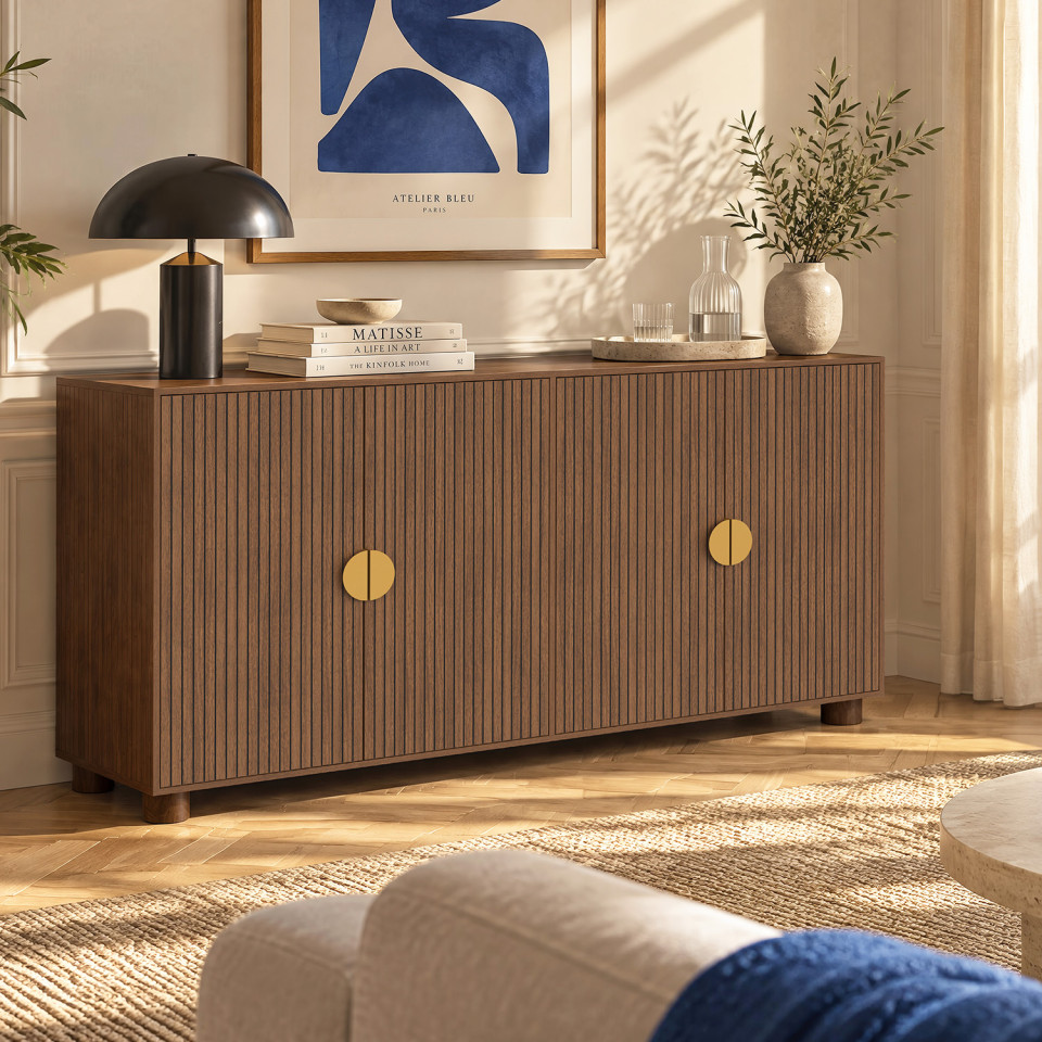 Buffet Arva 4 portes lattes effet noyer 160cm